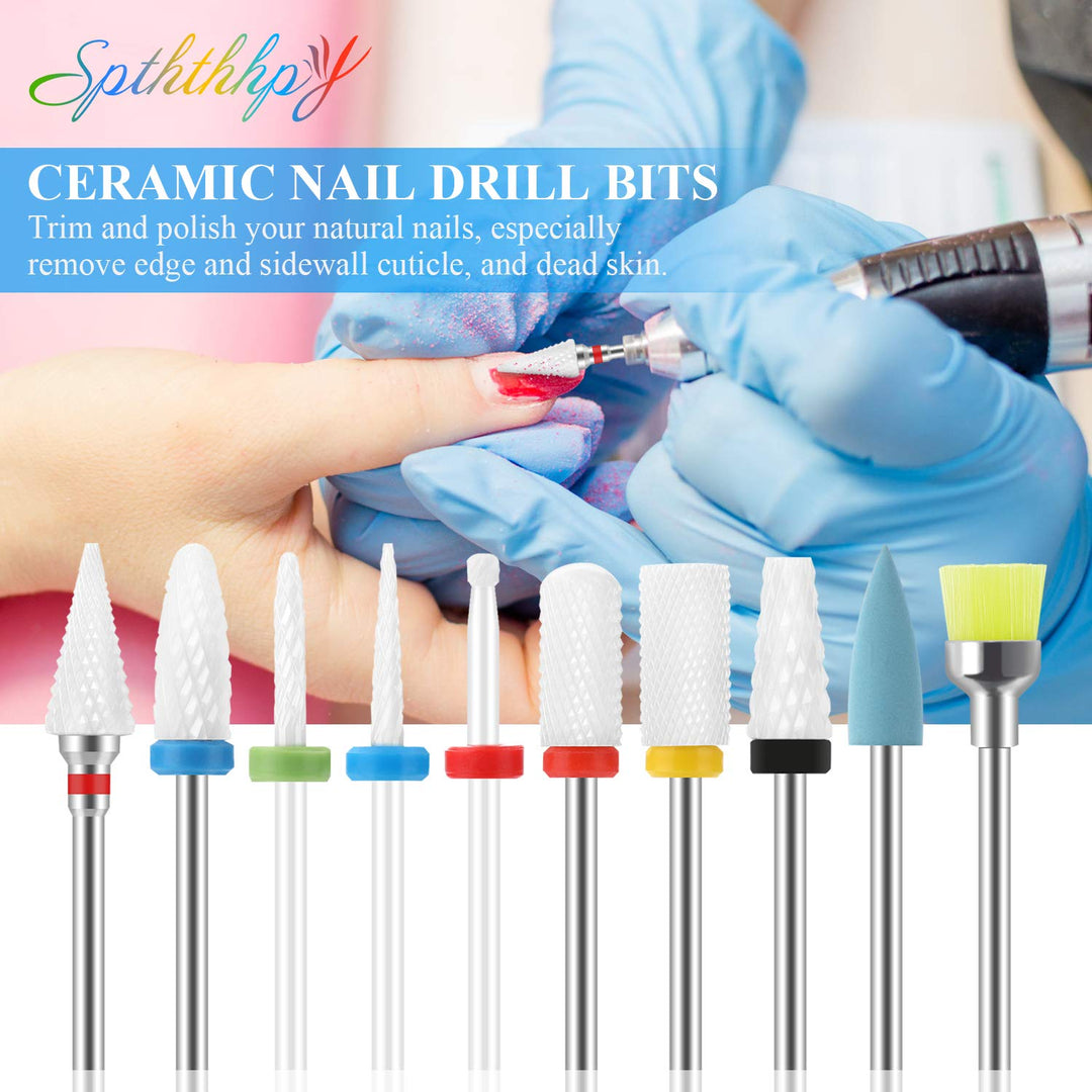 10Pcs Ceramic Nail Drill Bits Set Professional Remove Gel Acrylic Cuticle Diamond Carbide Nail Drill Bit Tools for Manicure Pedicure Home Salon Use Great Gift for Women Girls