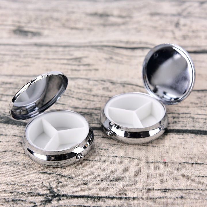 Pill Box Round Metal Pill Case Portable Mini Silver Medicine Drug Holder Container Organizer with 3 compartments for Travel Outdoor Use Pack of 2