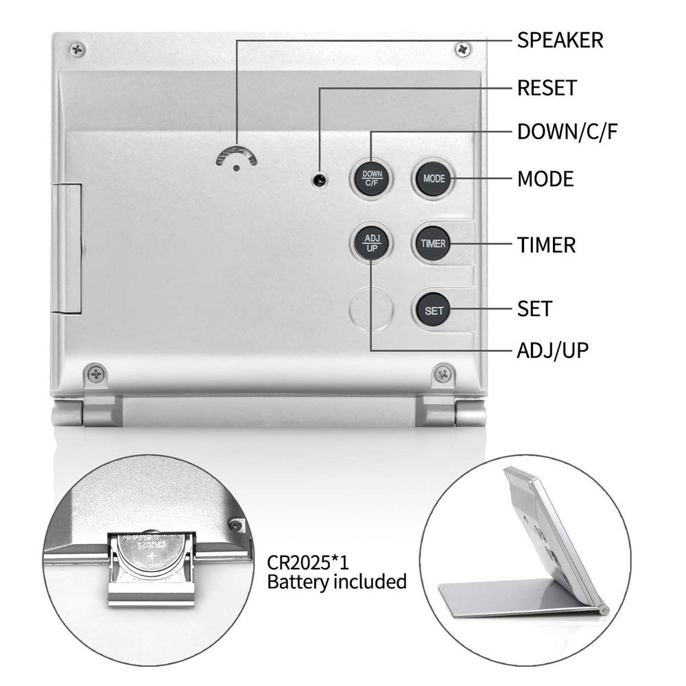 Digital Travel Alarm Clock - Foldable Calendar Temperature Timer LCD Clock with Snooze Mode - Large Number Display, Battery Operated - Compact Desk Clock(Silver, No Backlight)