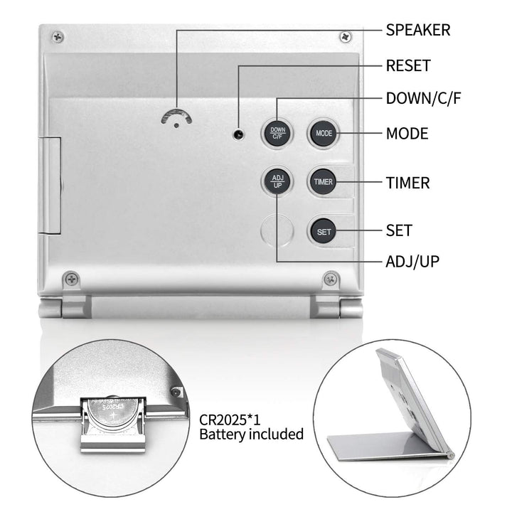 Digital Travel Alarm Clock - Foldable Calendar Temperature Timer LCD Clock with Snooze Mode - Large Number Display, Battery Operated - Compact Desk Clock(Silver, No Backlight)