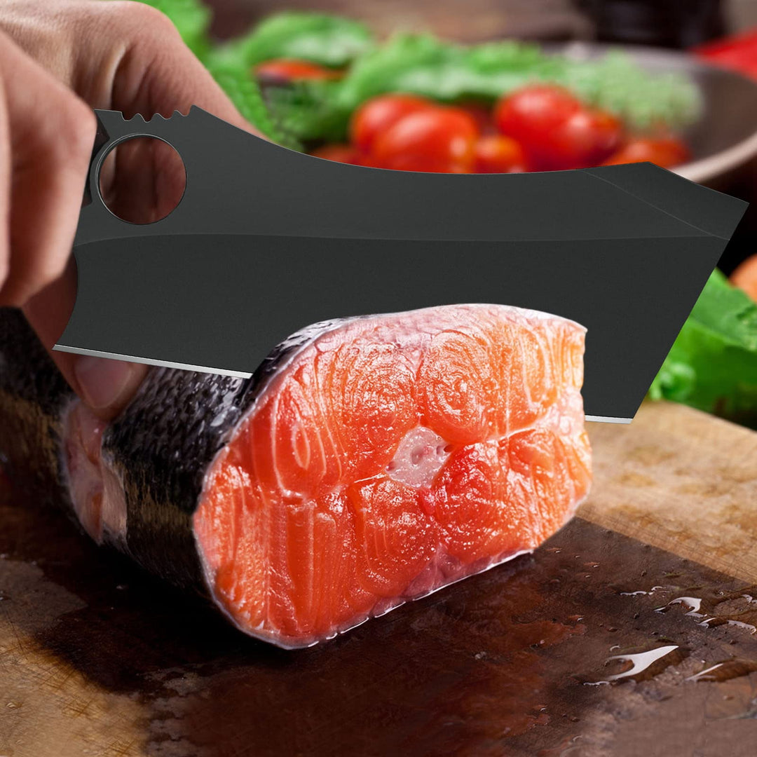 Meat Cleaver, 6.9 inch Black Boning Knife, High Carbon Steel Sharp Kitchen Forged In Fire Knife with Sheath Gift Box Bottle Opener for Outdoor Camping