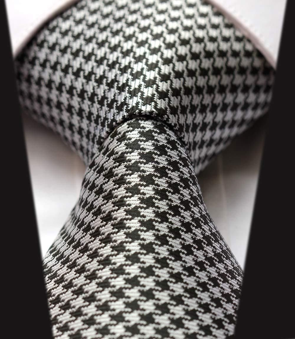 Handmade, Executive Wardrobe Accessory, Black and White (Tuxedo Color) Houndstooth 3.4 Silk Jacquard Woven Men's Necktie Tie