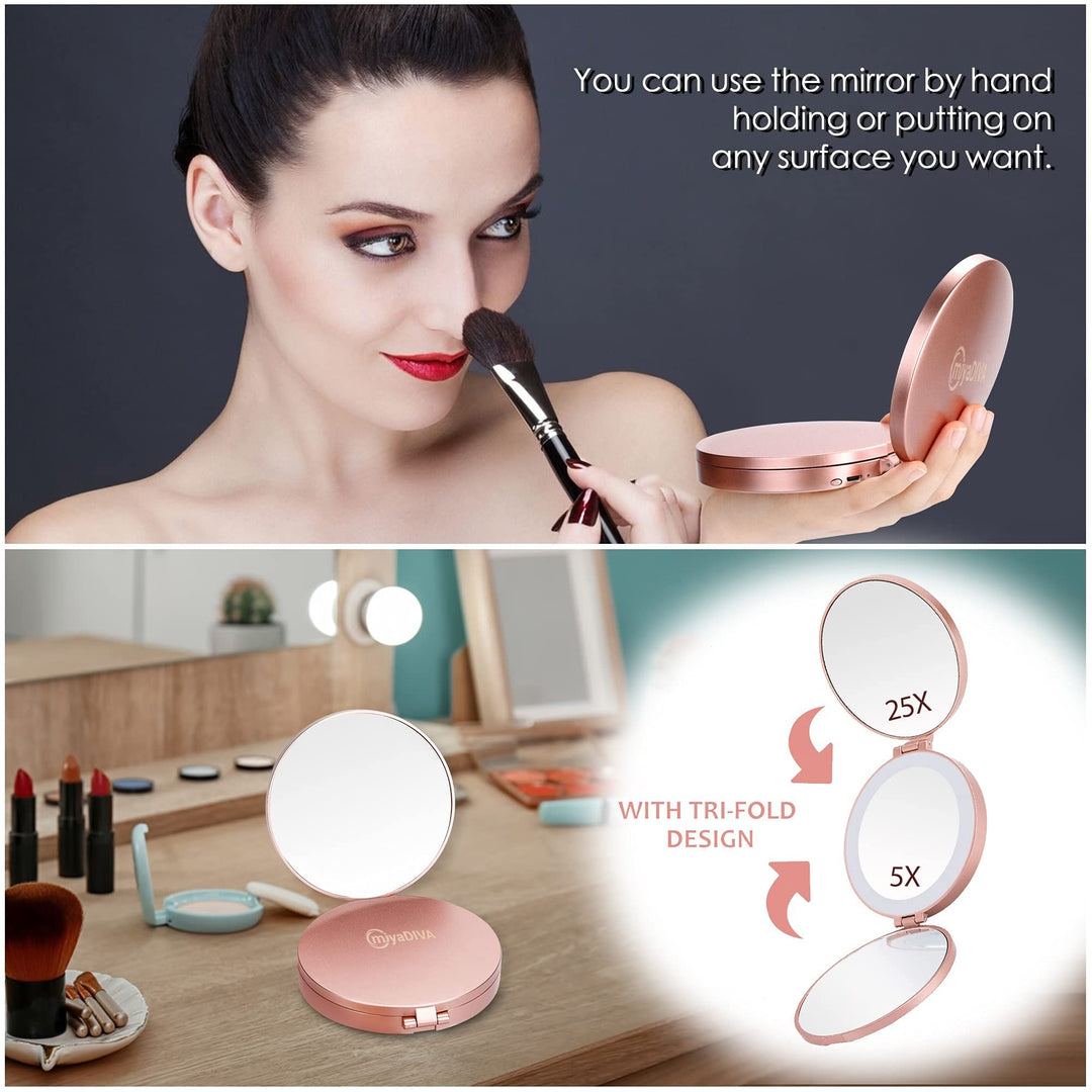 Led Compact Mirror with Lights and Magnification, Small 1X 5X 20X Travel Magnifying Mirror, 4 Pocket Mirror for Women, Portable, Dimmable, Beauty Gift