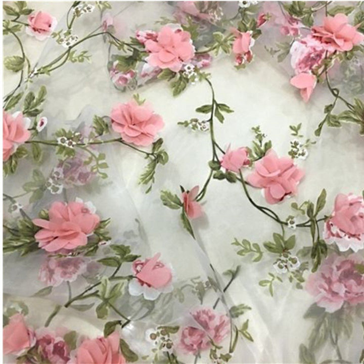 Lace Fabric Organza 3D Pink Chiffon Rose Floral Embroidery Wide 55 in (Length 1 m/39 in)