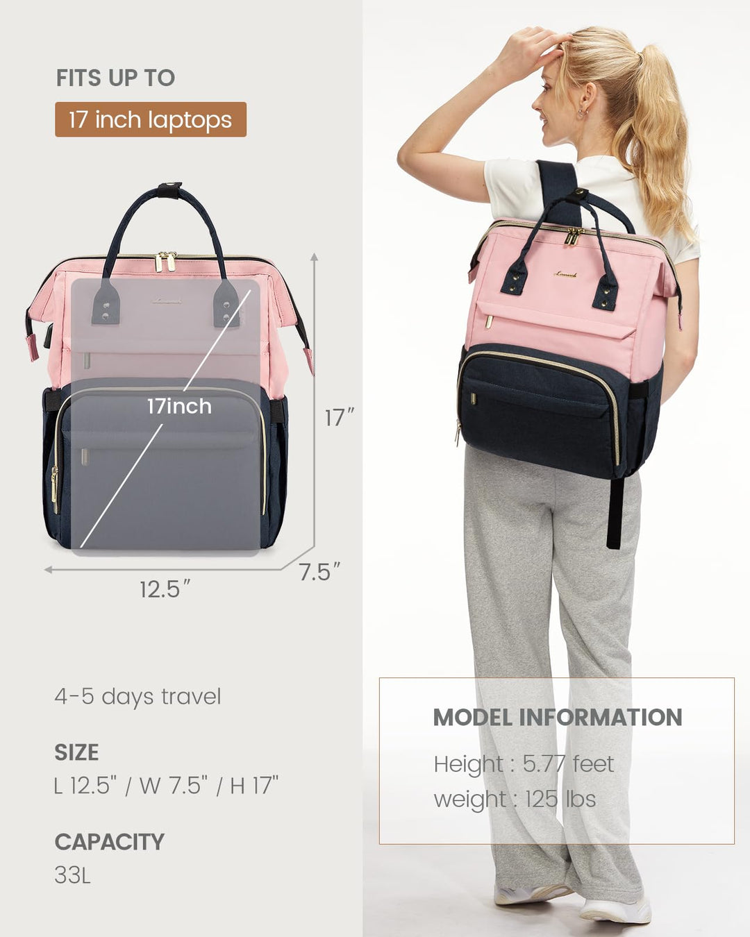 Laptop Backpack for Women Fashion Business Computer Backpacks Travel Bags Purse Doctor Nurse Work Backpack with USB Port, Fits 17-Inch Laptop Pink Navy
