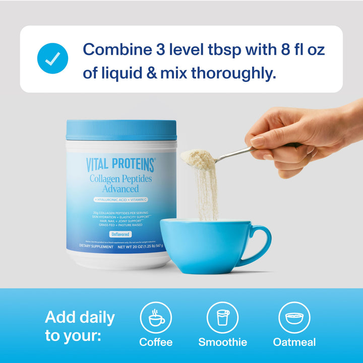 Collagen Peptides Powder Advanced with Hyaluronic Acid & Vitamin C - 20oz Collagen Protein, Unflavored, 28 Servings