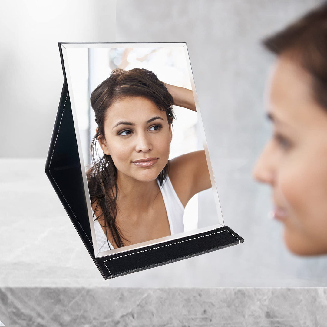 Portable Folding Makeup Mirror with Adjustable Stand, PU Leather Vanity Table for Cosmetics Personal Beauty, Large