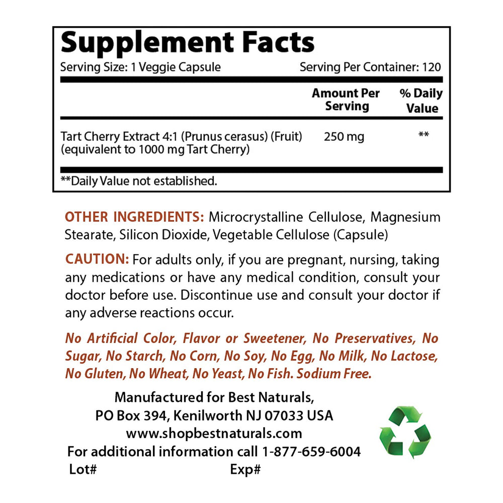 Tart Cherry Extract 1000 mg (Non-GMO) Veggie Capsules - Promotes Healthy Uric Acid Levels Within Normal Range, Healthy Joint Function & Promotes Healthy Sleep Cycle, 120 Count