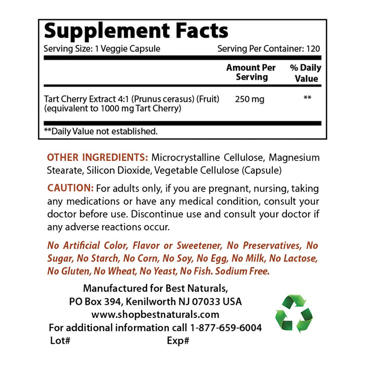 Tart Cherry Extract 1000 mg (Non-GMO) Veggie Capsules - Promotes Healthy Uric Acid Levels Within Normal Range, Healthy Joint Function & Promotes Healthy Sleep Cycle, 120 Count