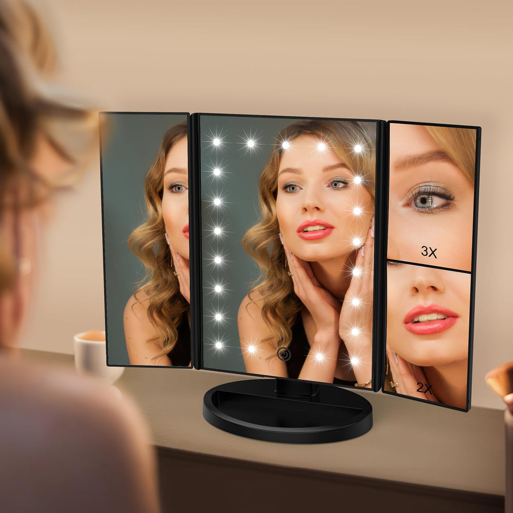 Lighted Vanity Makeup Mirror 1x/2x/3x Magnification Trifold with 21 LED Lights Touch Screen and USB Charging, 180 Degree Adjustable Stand for Countertop Cosmetic Makeup Mirror(Black)