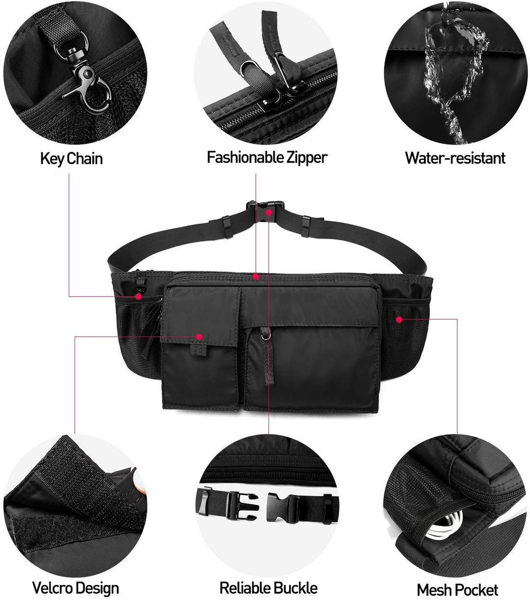 Large Waterproof Black Waist Bag Fanny Pack For Men Women Belt Bag Pouch Hip Bum Bag Chest Bag with Adjustable Strap, Premium Lightweight Fanny Pack For Gym Fitness Workout Travel Work Commuting