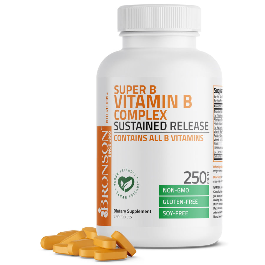 Super B Vitamin B Complex Sustained Slow Release (Vitamin B1, B2, B3, B6, B9 - Folic Acid, B12) Contains All B Vitamins 250 Tablets