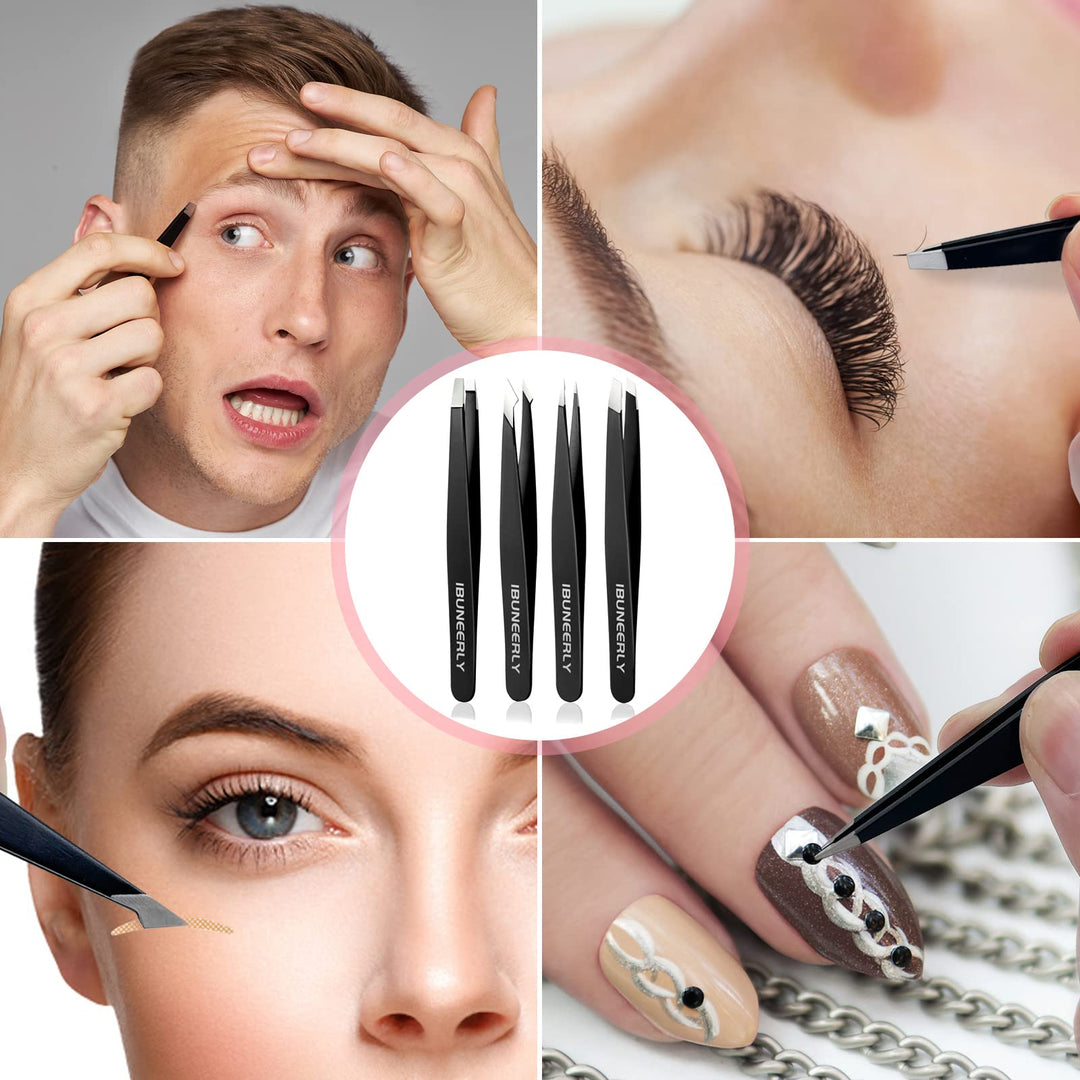 Tweezers Set, 4Pcs Tweezers for Women with Travel Case, Professional Stainless Steel Eyebrows Tweezers, Great Precision Tweezers for Ingrown Hair, Facial Hair, Splinter Removal (Black)