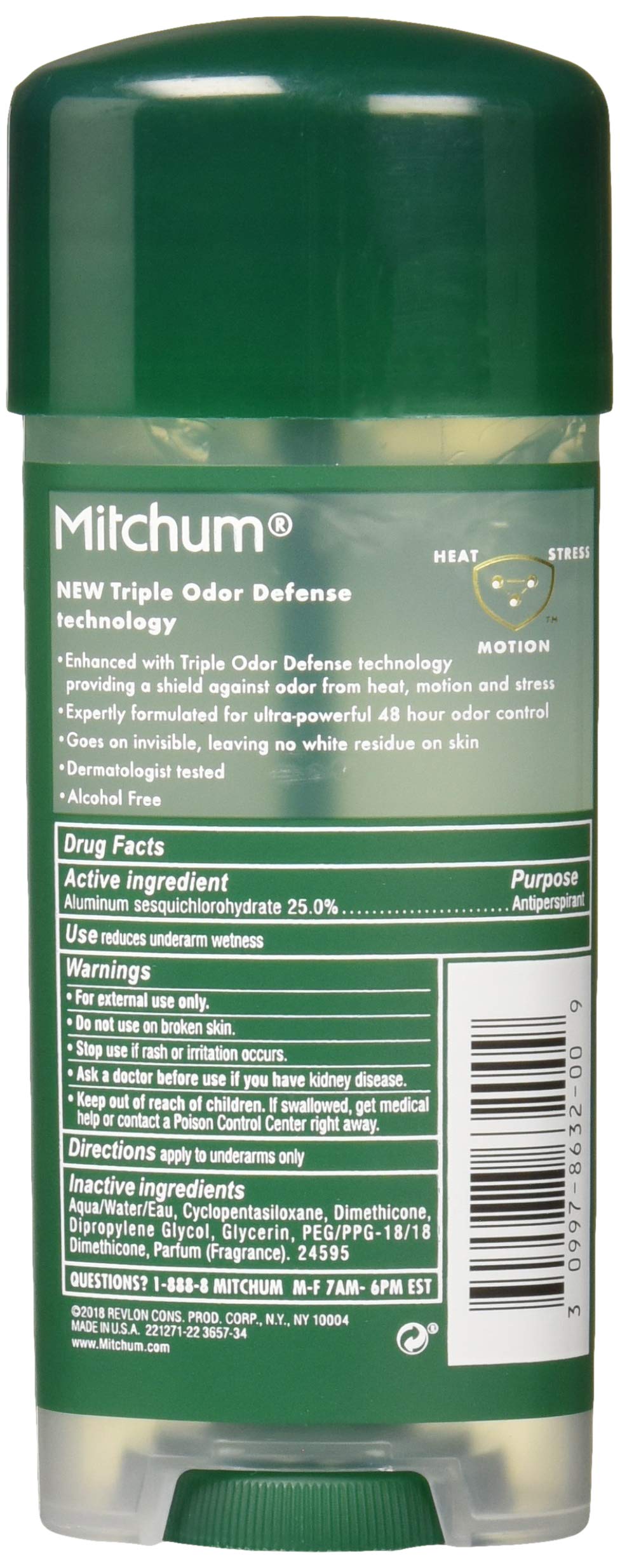 Antiperspirant Deodorant Stick for Men, Triple Odor Defense Gel, 48 Hr Protection, Dermatologist Tested, Alcohol Free, Unscented, 3.4 oz, green