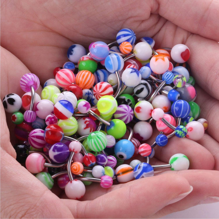 65 Belly Button Rings Dangle Barbells Aftercare Saline Cleanser Spray 14G Multicolor Acrylic Stainless Steel CZ Navel Women Girl Teen Body Bar Jewelry Gift Set