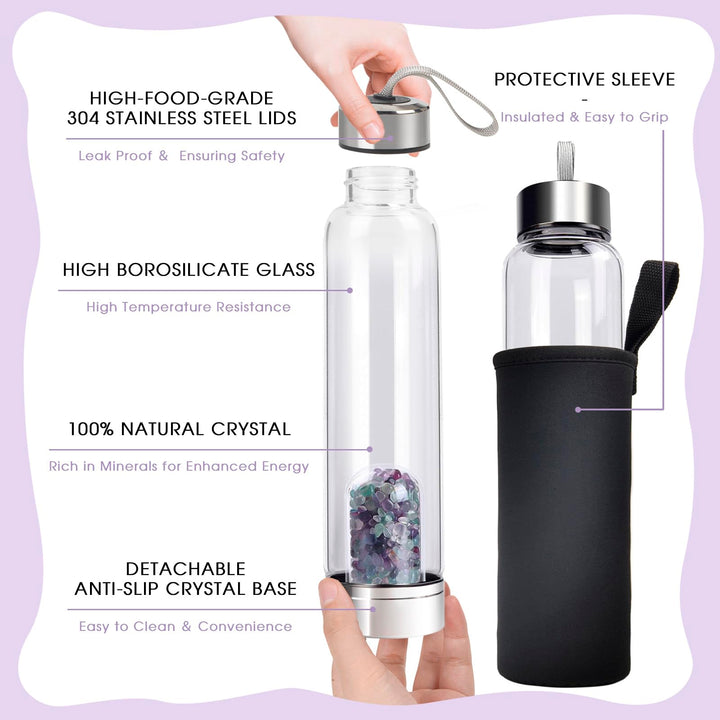 Crystal Water Bottle - Quartz Glass Water Bottle with Changeable Natural Crystal Center,Loose Natural Gem Leaf Tea Infuser Bottle, Gemstone Elixir Infused Glass Water Bottle with Sleeve Protective