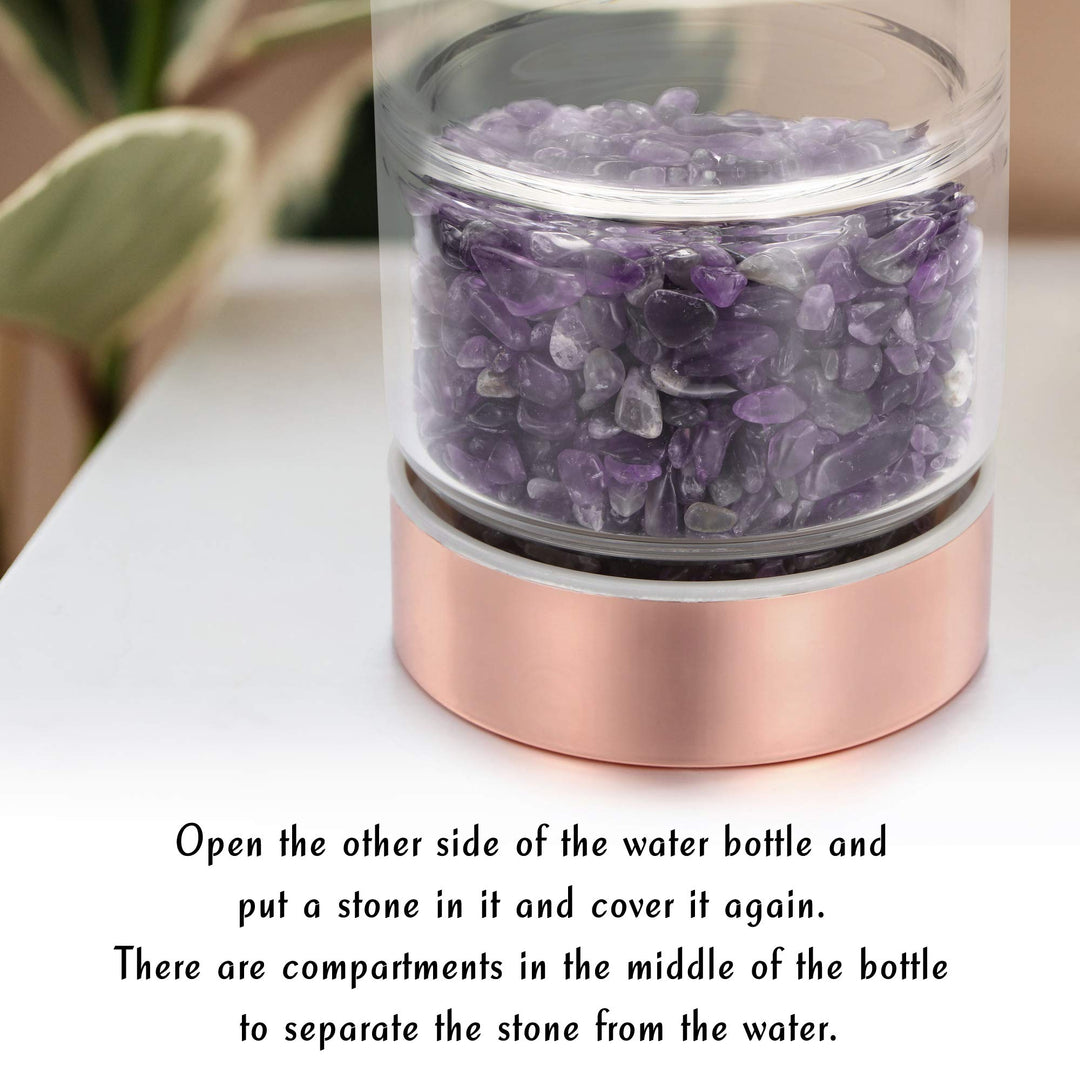 Crystal Water Bottle, Natural Amethyst Healing Glass Water Bottle, Includes a Loose Leaf Tea Infuser Bottle and Protective Sleeve