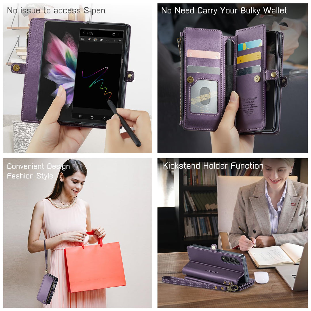 Compatible with Samsung Galaxy Z Fold 3 Case Wallet with Card Holder for Women, Fashion PU Leather Magnetic Snap Flip Zipper Strap Phone Case Fit for Galaxy Z Fold 3, Black