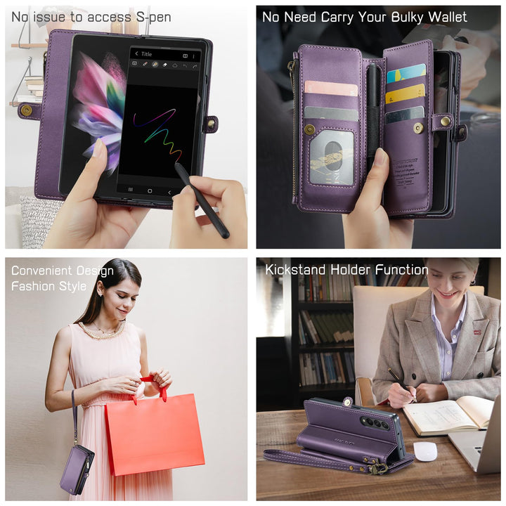 Compatible with Samsung Galaxy Z Fold 3 Case Wallet with Card Holder for Women, Fashion PU Leather Magnetic Snap Flip Zipper Strap Phone Case Fit for Galaxy Z Fold 3, Black