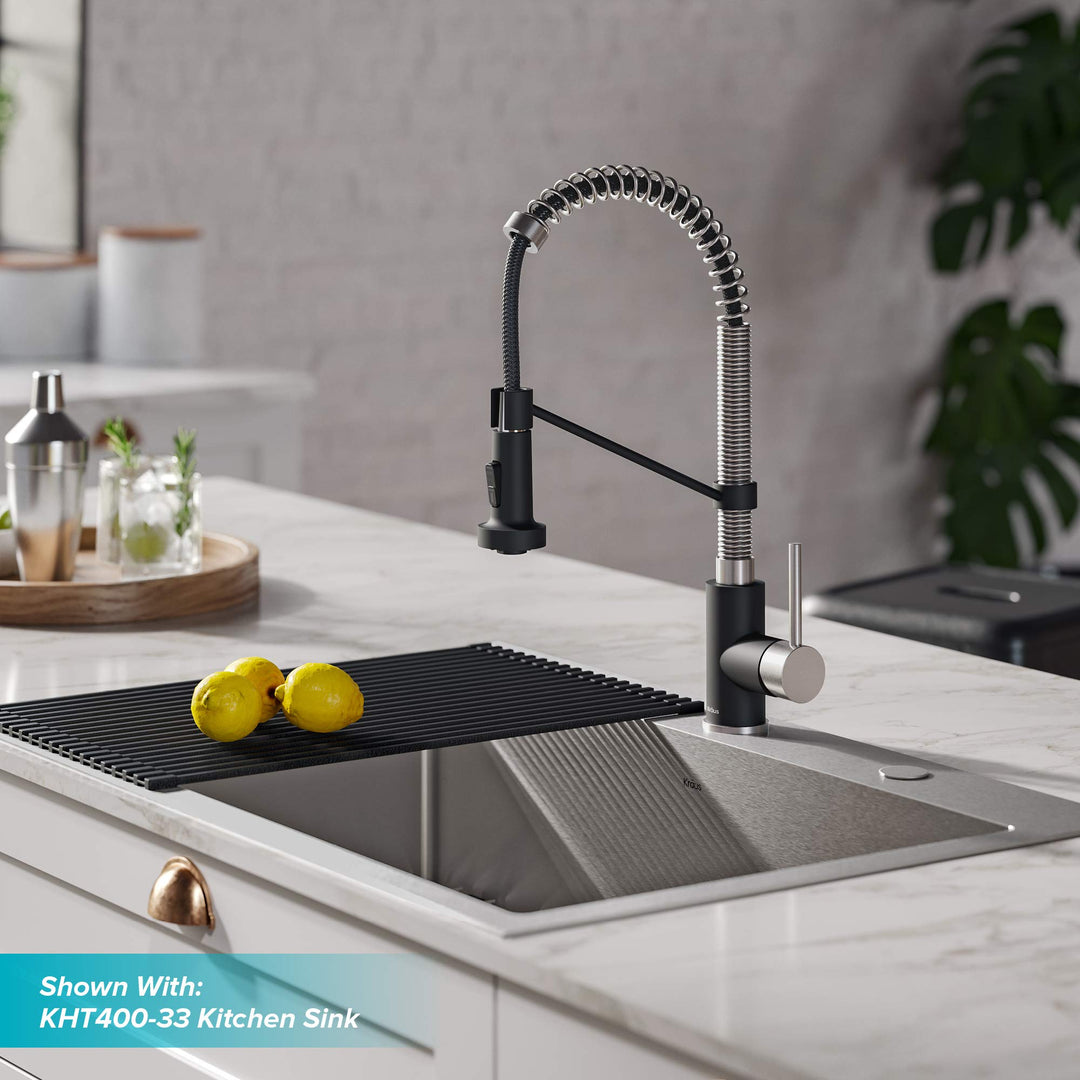 KRAUS Bolden Commercial Style 2-Function Single Handle Pull Down Kitchen Faucet in Stainless Steel/Matte Black, KPF-1610SSMB