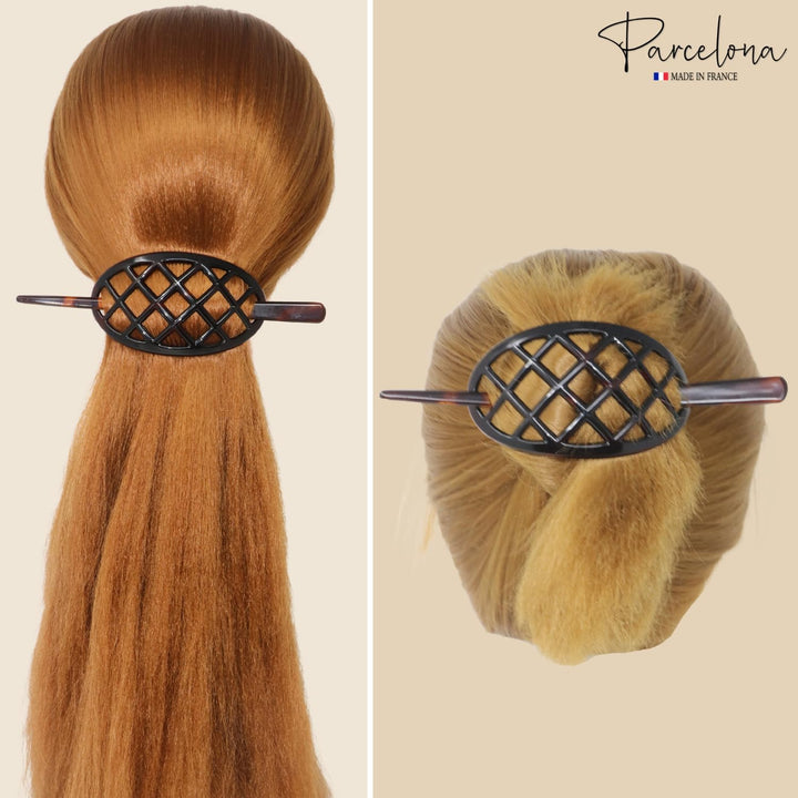 French Criss Cross Pattern Tortoise Shell Brown Cellulose Acetate Made in France Chignon Bun Cover Ponytail Holder Hair Slider Pin Thru Updo with Stick for Women and Girls