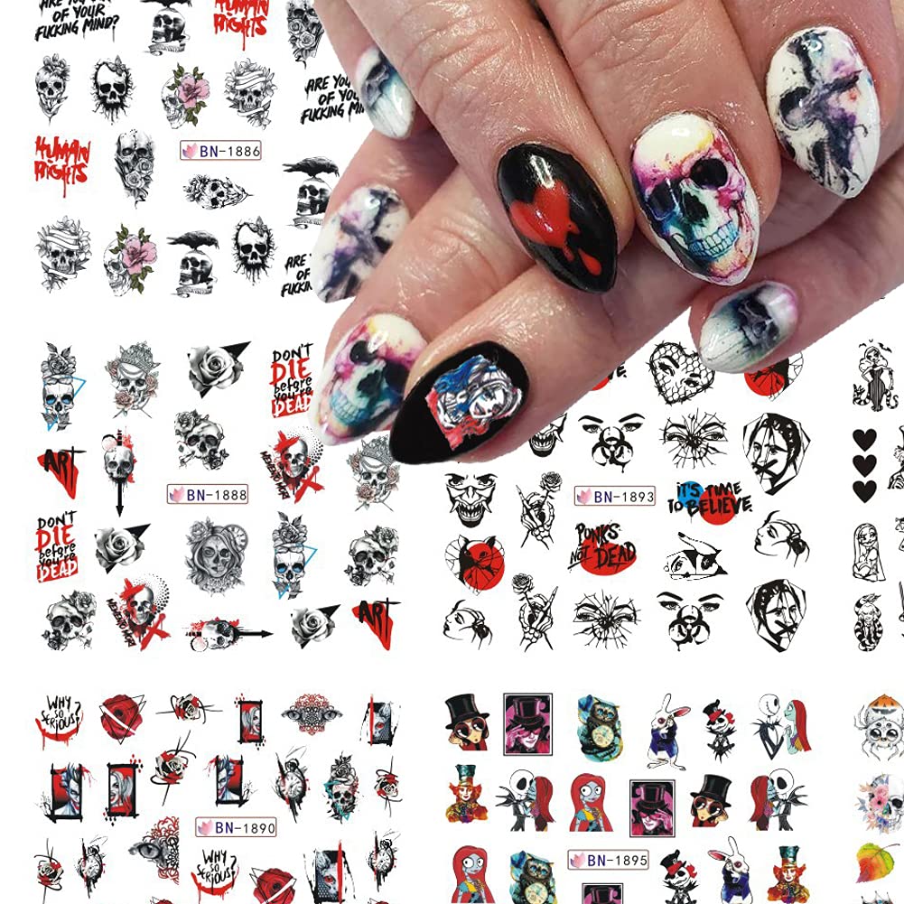 Halloween Nail Stickers Day of The Dead Nail Art Water Decals Transfer Foils for Nails Supply Watermark Skull Nail Art Decals Nail Tattoo for Halloween Party Nail Supplies Manicure Decorations 12PCS