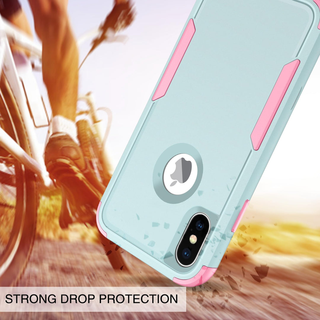 for iPhone X Case, iPhone Xs Case, 3 in 1 Heavy Duty Rugged Hybrid Hard PC Soft TPU Bumper Shockproof Non-Slip Protective Cases Cover for iPhone X (2017) / iPhone Xs (2018) 5.8, Green/Pink