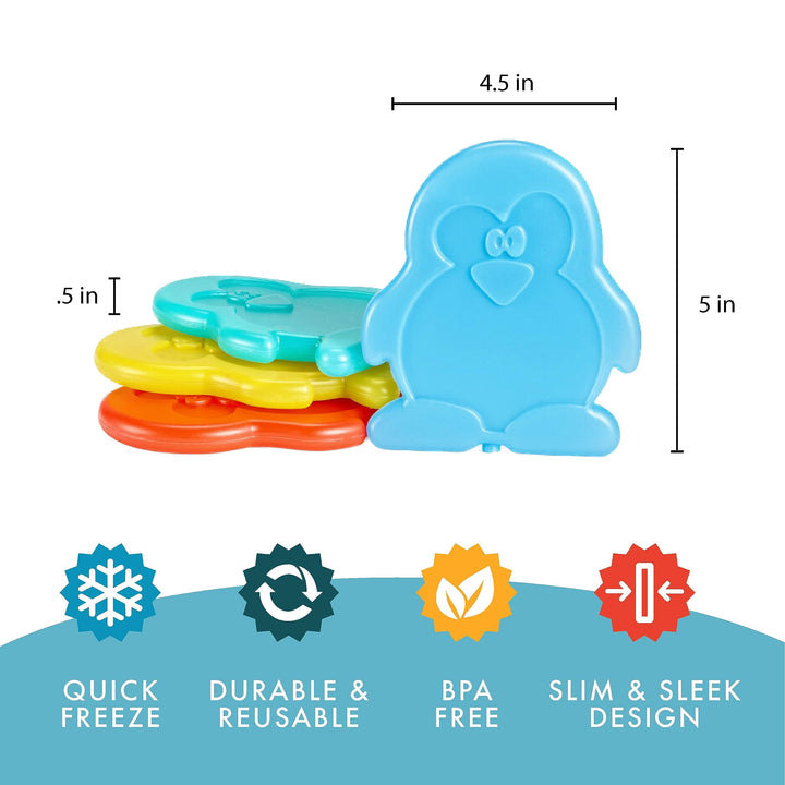 Fit & Fresh Cool Coolers Kids Lunch Box Ice Packs, Slim Ice Packs for Lunch Bags, Lunch Ice Packs Reusable-Multicolored, Set of 4 (Penguin)
