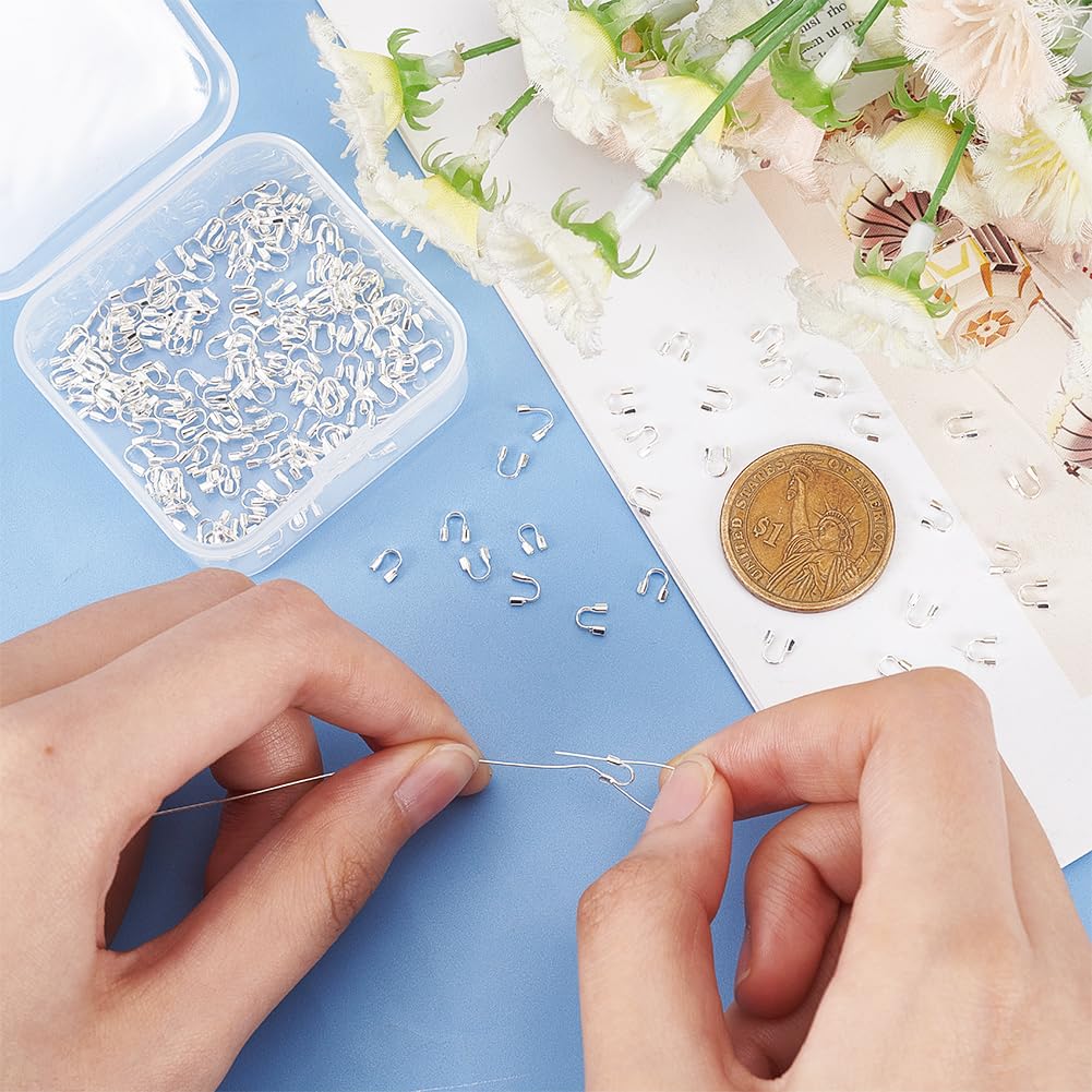 Pandahall 200pcs Wire Guardian and Protectors Silver Color Brass 0.5mm Hole Thread Protector U Shape Loop Guardian for Necklaces Bracelets Beading Jewelry Craft