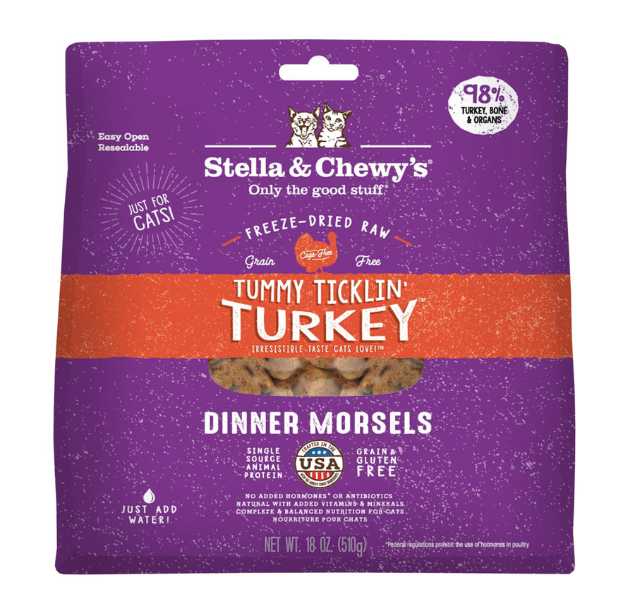 Freeze-Dried Raw Cat Dinner Morsels – Grain Free, Protein Rich Cat & Kitten Food – Tummy Ticklin’ Turkey Recipe – 18 oz Bag