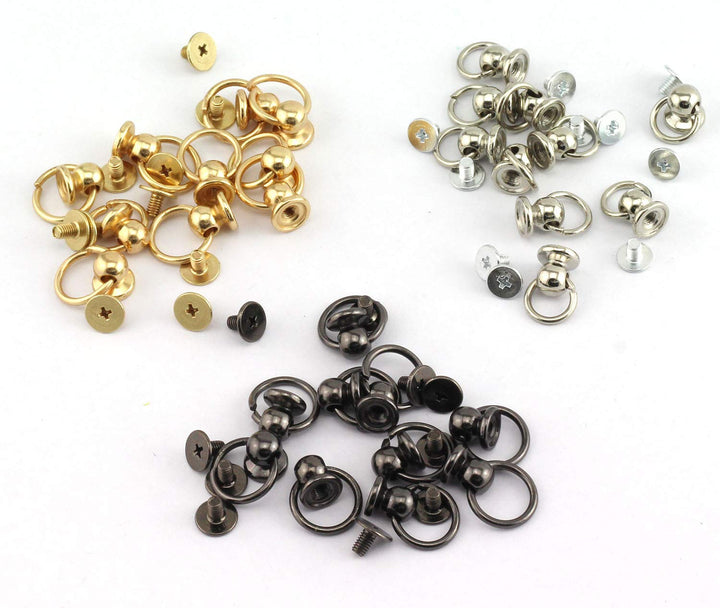 30pcs 8x6mm Screwback Round Head Rivet with Pull Ring 3 Color Assrted Kit Metal Handmade DIY Accessory Nail Heads Stud Leather Craft Screw Rivets (Silver, Black, Gold)