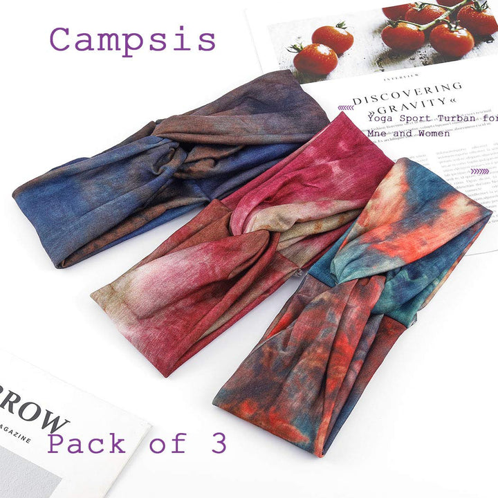 Boho Knot Headband Bule Criss Cross Turban Tie Dye Print Pattern Head Wrap Elastic Twisted Hairbands Yoga Sport Head Scarf Headwear for Women and Girls (Pack of 3)