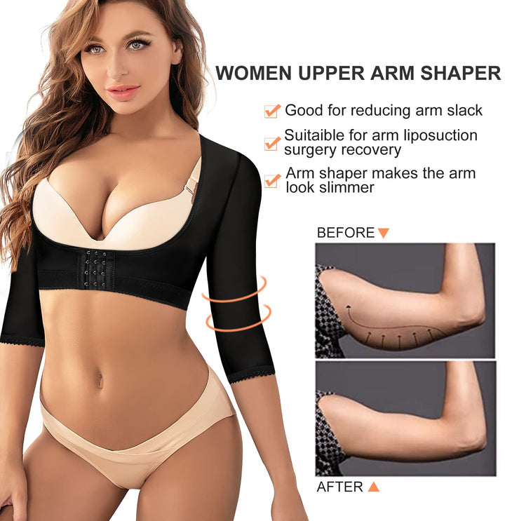 Women Upper Arm Shaper Compression Sleeves Post Surgical Slimmer Humpback Posture Corrector Tops Shapewear (Black, Large)