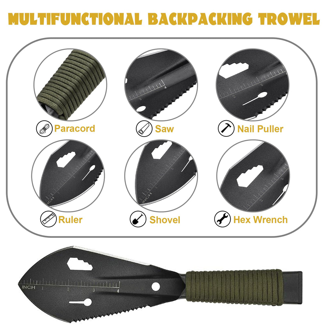 Backpacking Shovel, Camping Hand Trowel, Lightweight Hiking Shovel, Small Potty Multitool with Carrying Pouch for Digging, Metal Detecting, Gardening, Survival and Outdoor