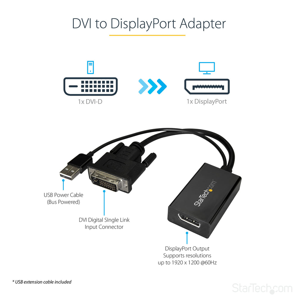 DVI to DisplayPort Adapter - USB Power - 1920 x 1200 - DVI to DisplayPort Converter - Video Adapter - DVI-D to DP (DVI2DP2)