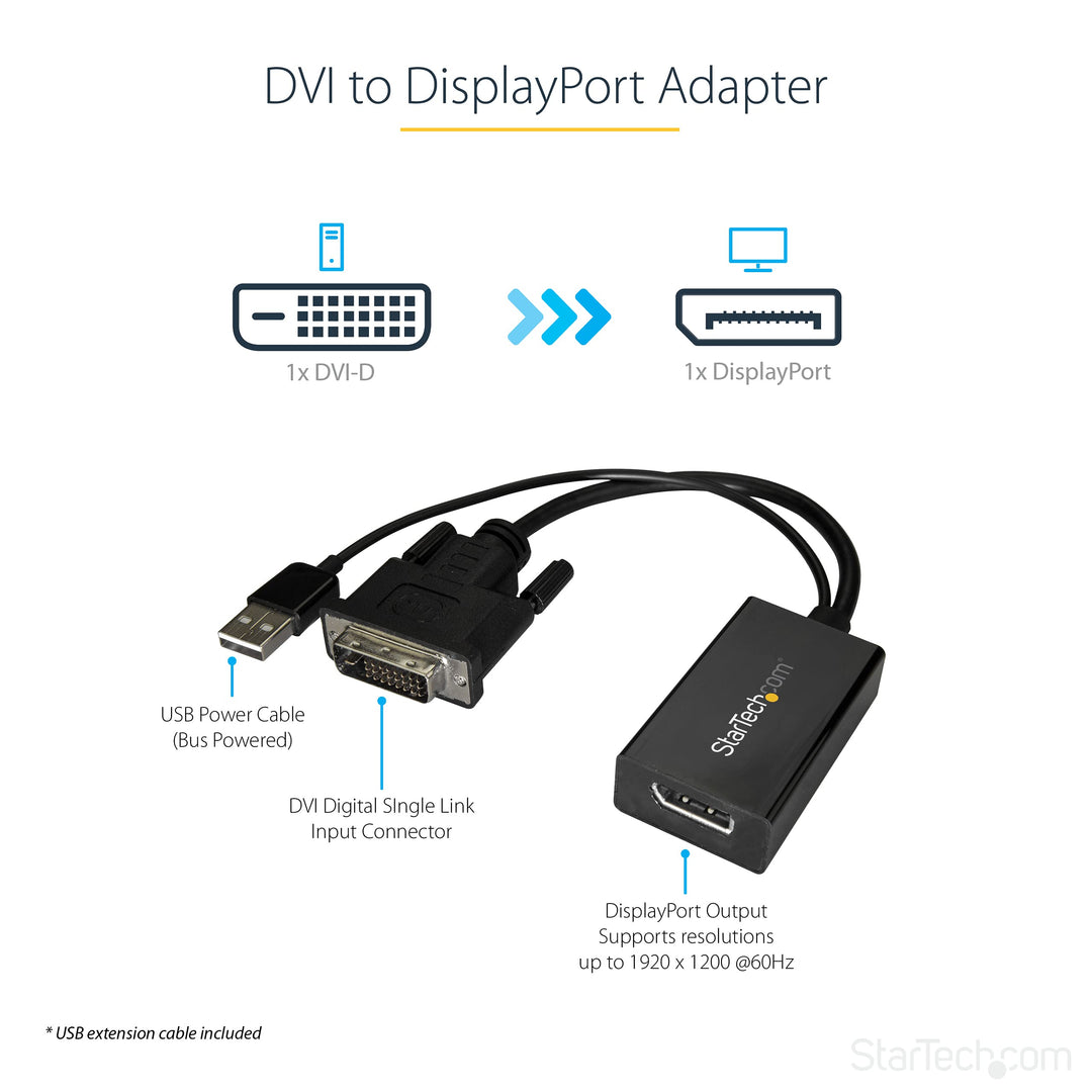 DVI to DisplayPort Adapter - USB Power - 1920 x 1200 - DVI to DisplayPort Converter - Video Adapter - DVI-D to DP (DVI2DP2)