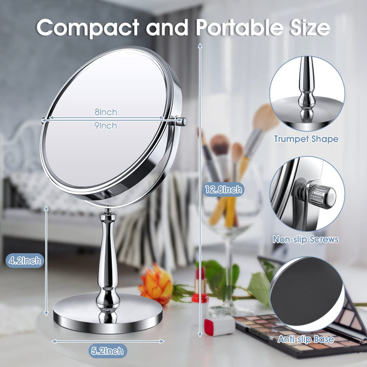 8 Large Makeup Vanity Mirror, Double Sided 1X 10X Magnification Mirror, 360 Swivel Round Mirror with Stand and Removable Base, High Definition, Chrome Finish(Silver)