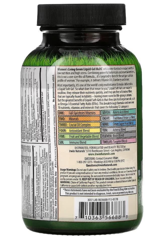 Women's Living Green Liquid-Gel Multi Vitamin - 90 Liquid Softgels - 70 Essential Nutrients, Full-Spectrum Vitamins, Wholefood Blend - Targeted Adrenal & Brain Support-30 Total Servings