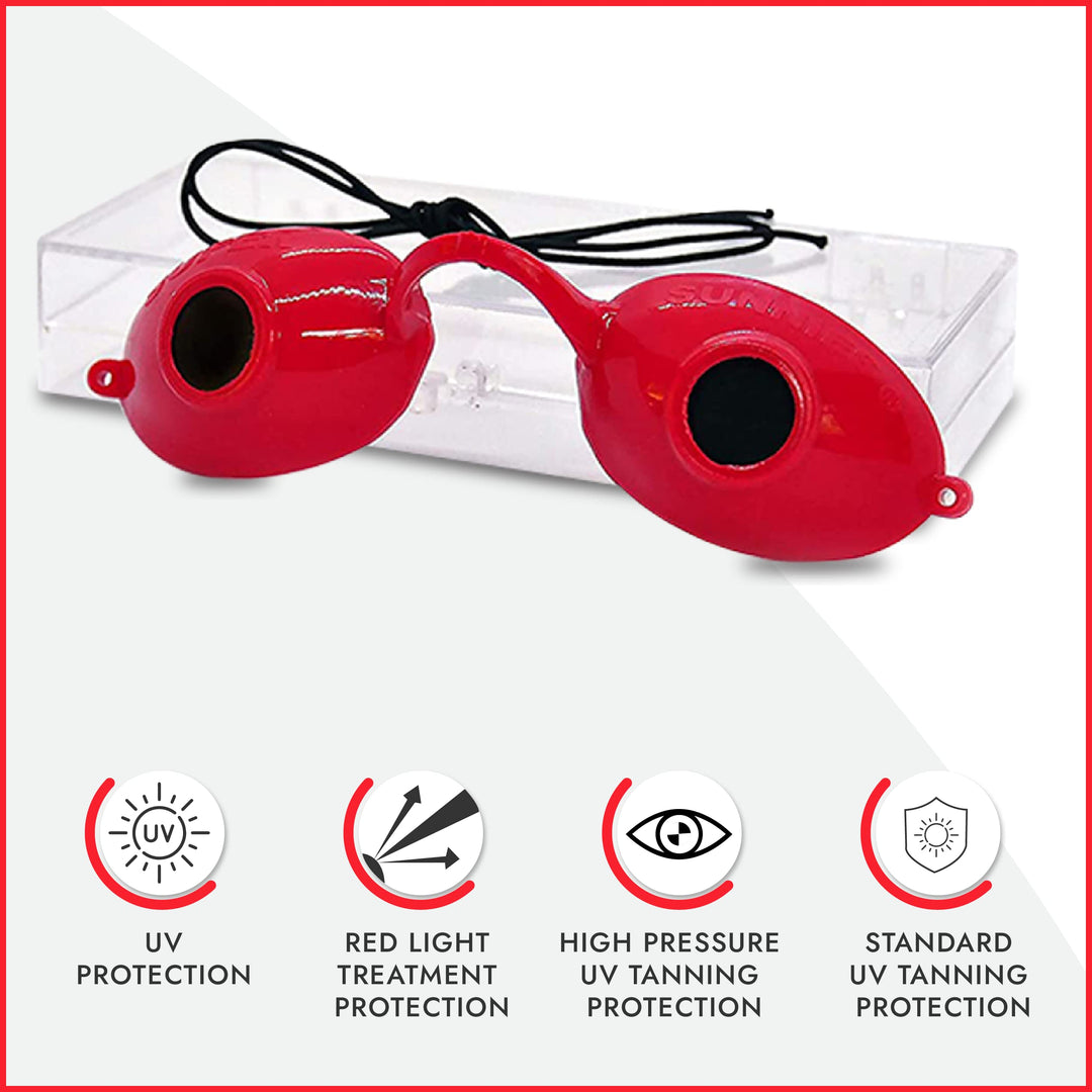 UV Eye Protection, FDA Compliant Individual Tanning Bed Goggles Eyeshields, Glasses, With a Clear Case/Box (Red)