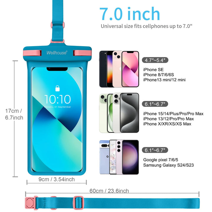 Waterproof Phone Pouch, Waterproof Phone Case for iPhone 16 15 14 13 Pro Max XS Samsung, IPX8 3D Cellphone Dry Bag Beach Essentials -Blue 1 Pack 7.0
