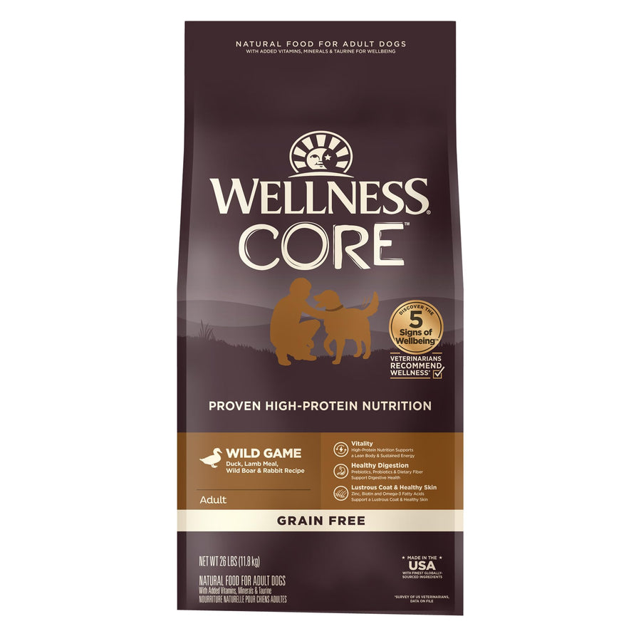 CORE Dry Dog Food, Grain-Free, High Protein, Natural, Wild Game Duck, Lamb, Wild Boar, & Rabbit Recipe, (26-Pound Bag)