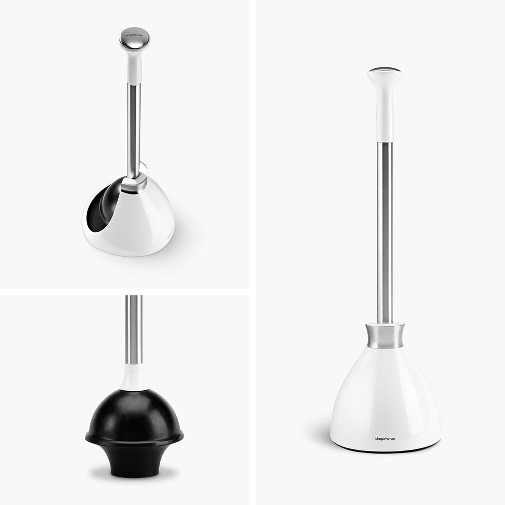 Toilet Plunger and Caddy, Stainless Steel, White