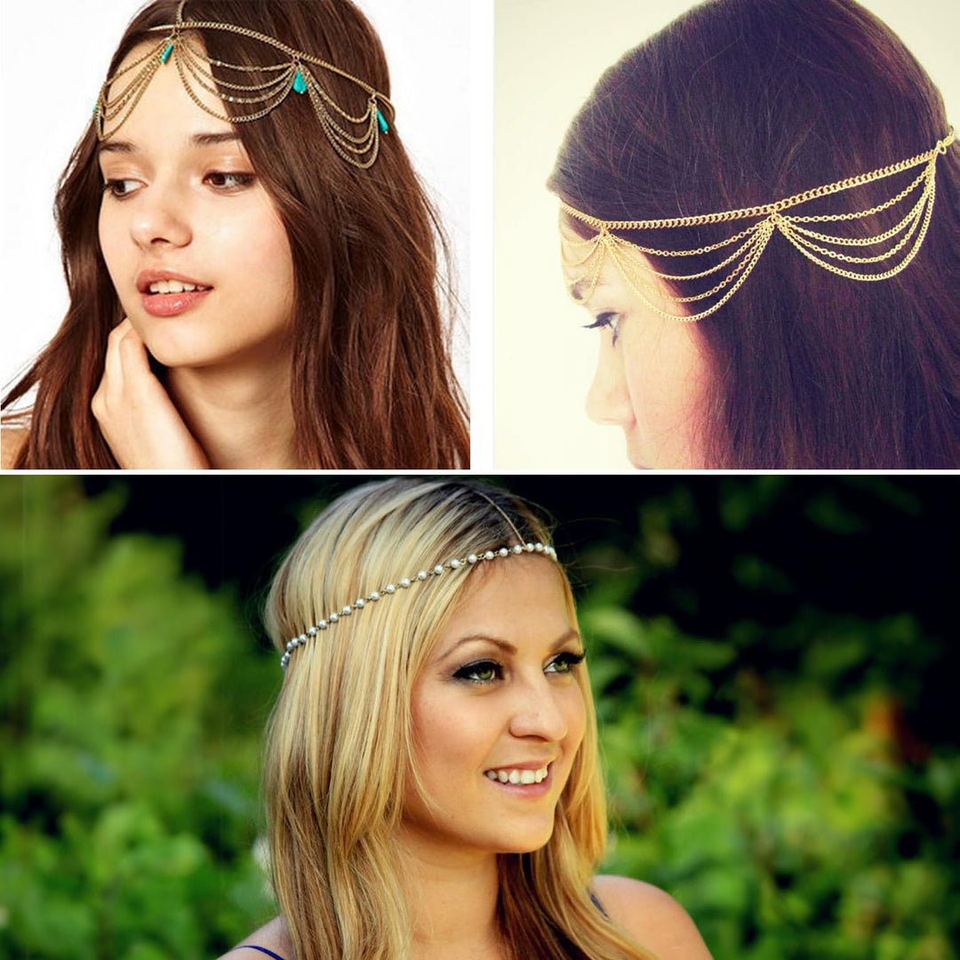 Minesign Headbands Jewelry Head Chain Boho Hair Accessories Turquoise Pearl Headpiece For Women Girls 4 Pack