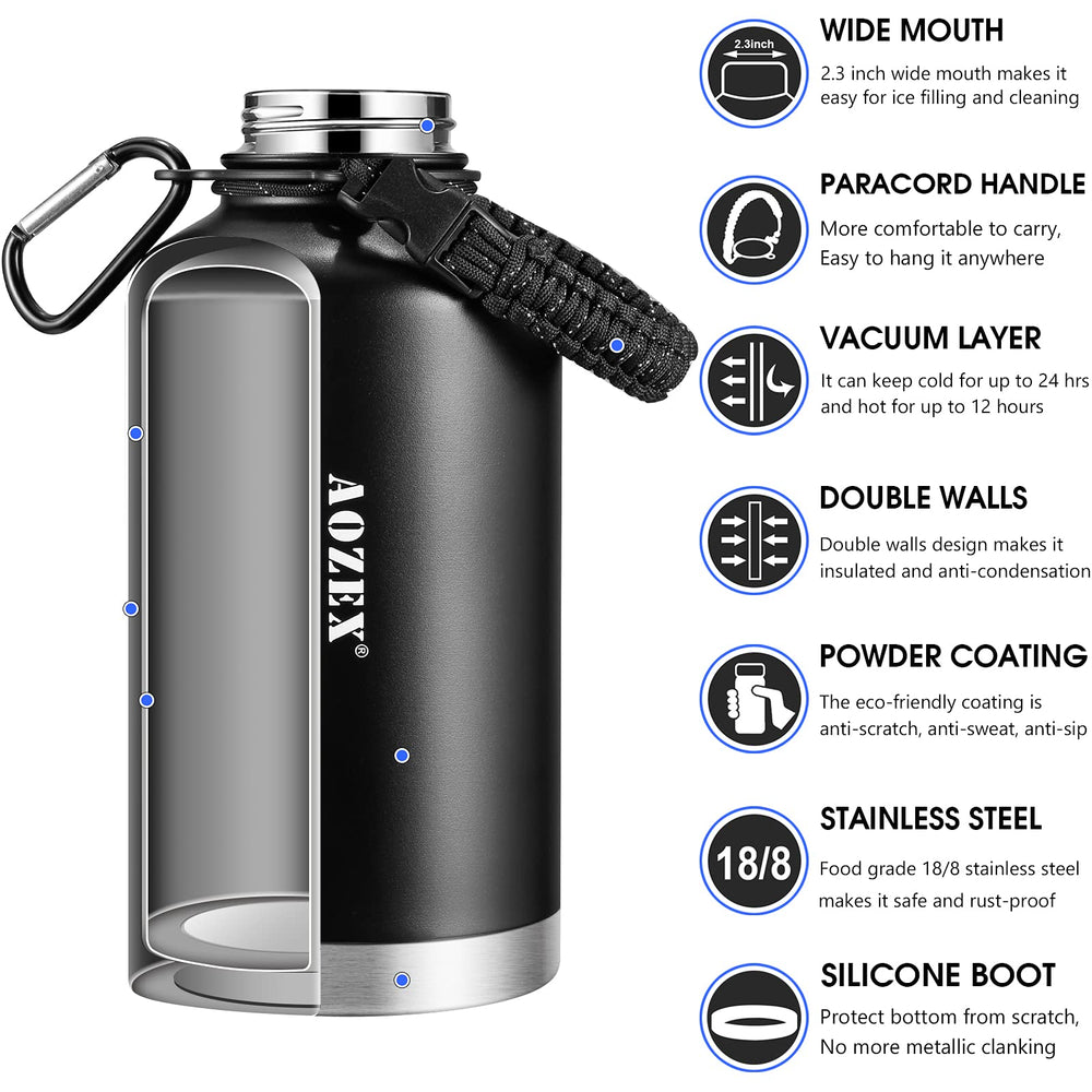 Half Gallon Insulated Water Bottle with Straw, 64 oz Stainless Steel Large Metal Water Bottle with Handle, Wide Mouth 1/2 Gallon Big Sports Water Bottle for Gym Workout Camping with Boot, Black