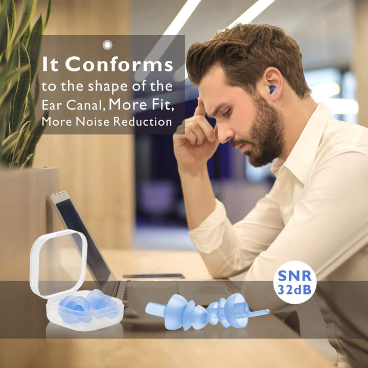 Softvox Ear Plugs for Sleeping 3 Pairs, Reusable Silicone Earplugs Sound Proof Noise Cancelling for Side Sleeper Study Travel Working Snoring Blocking -32dB Hearing Protection, with Cord & Case, Blue