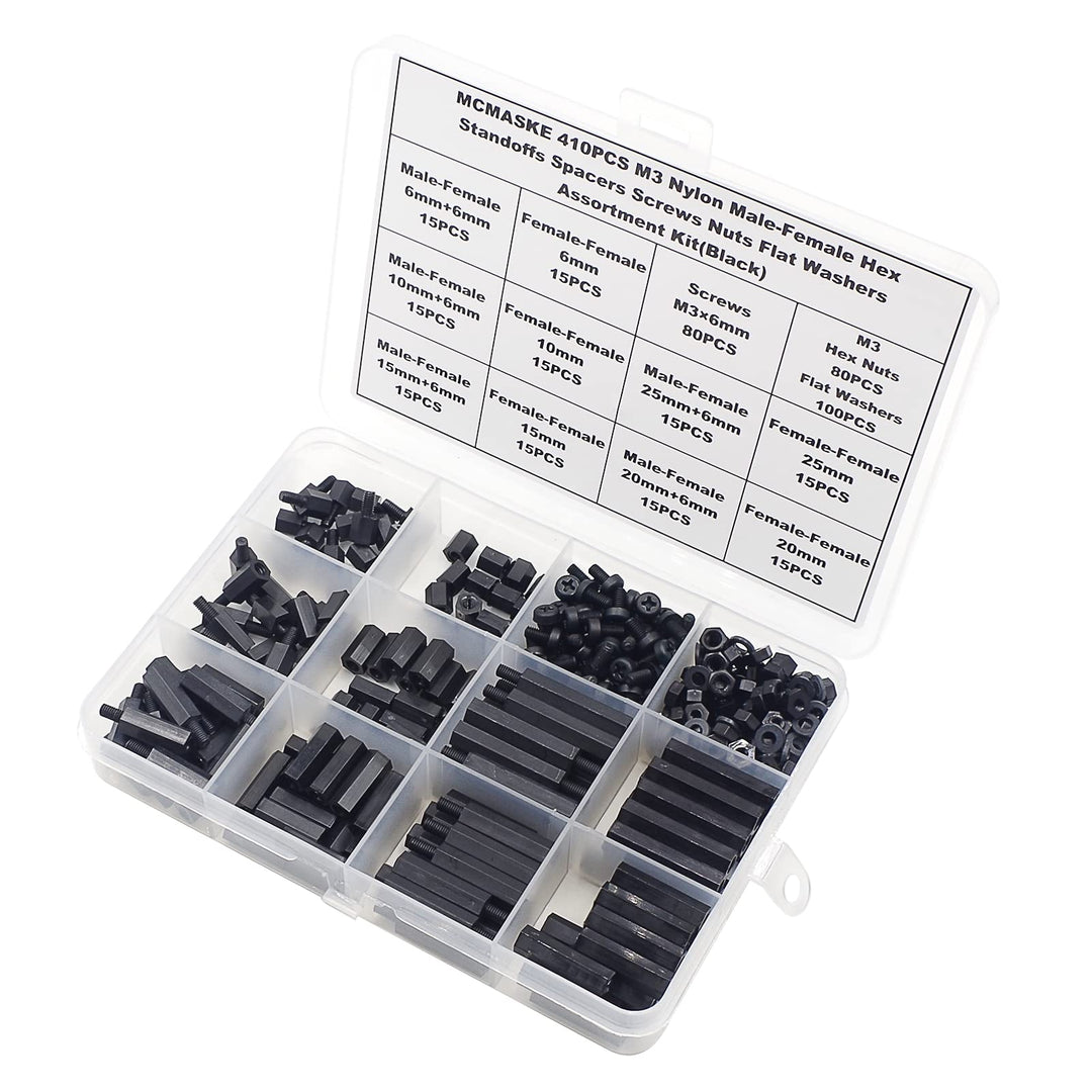 410PCS M3 Nylon Male-Female Hex Standoffs Spacers Screws Nuts Flat Washers Assortment Kit (Black)