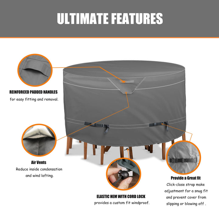 Round Patio Furniture Covers, Waterproof Outdoor Table Chair Set Covers, All Weather Protection Patio Furniture Cover with Air Vent,72DIAx28H, Grey