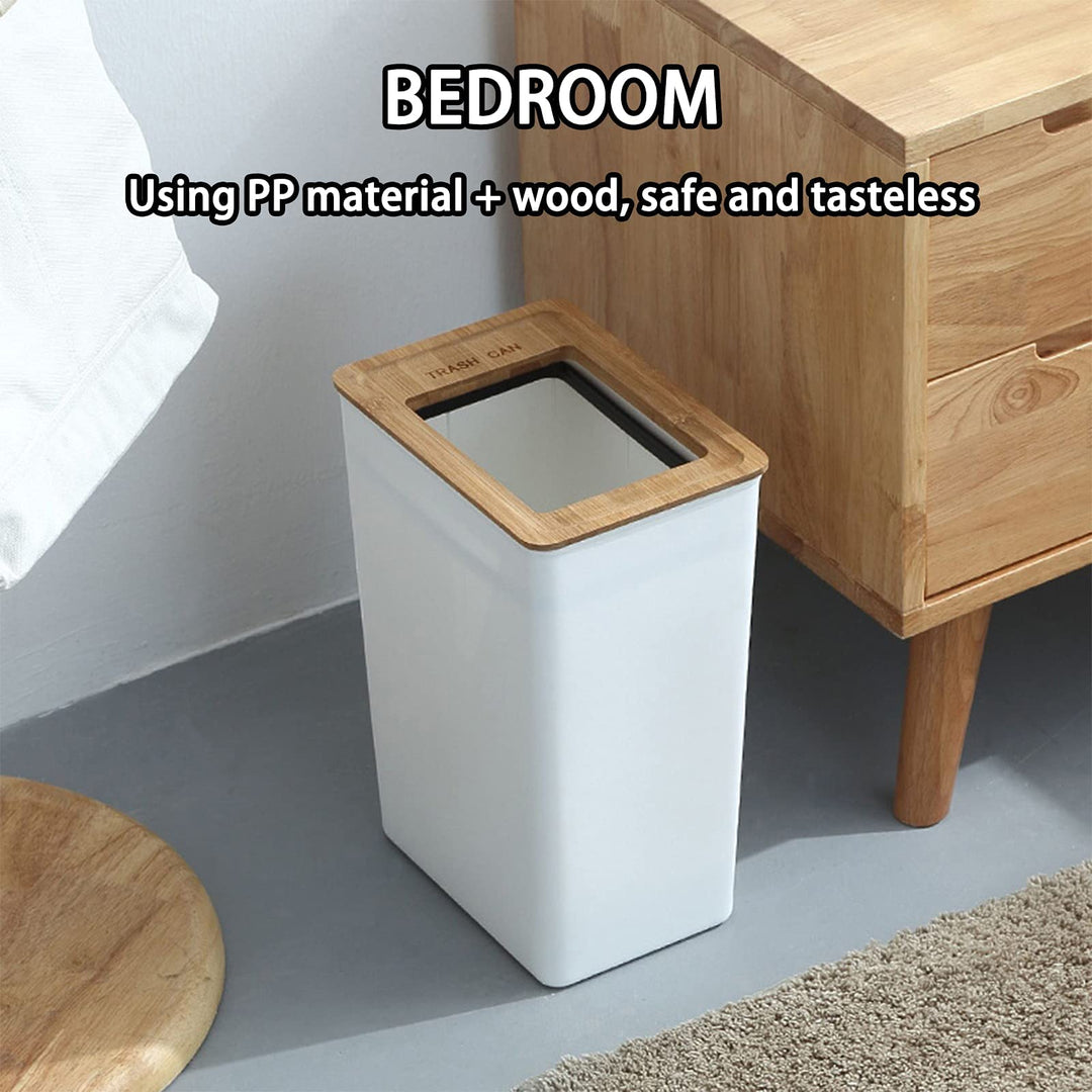 2pcs Slim Plastic Trash Can Set Wastebasket with Wood Lid Rectangular Waste Bin Small Garbage Container White for Home Office Bathroom Kitchen- 2 Gal+2.4 Gallon