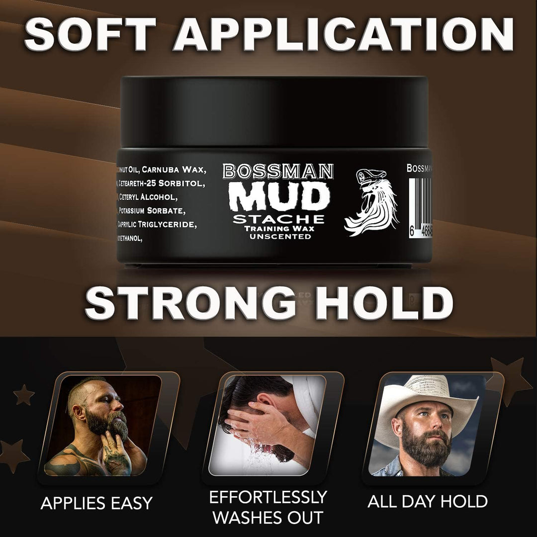 MUDstache Unscented Mustache Wax – No Pull - Spreads Easy for a Strong Non-Tacky 24 hr Hold - Tame, Train and Style - Moustache Wax for Men (1oz)