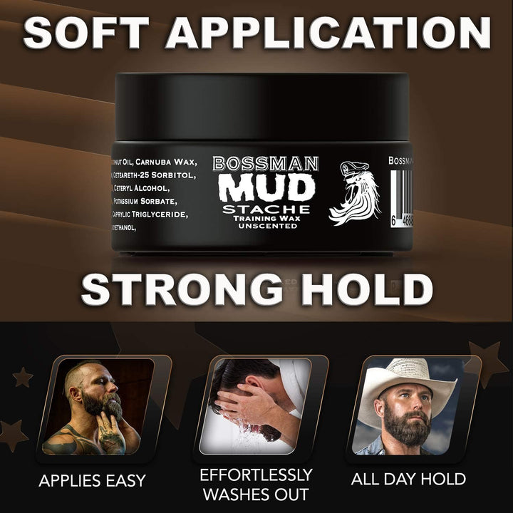 MUDstache Unscented Mustache Wax – No Pull - Spreads Easy for a Strong Non-Tacky 24 hr Hold - Tame, Train and Style - Moustache Wax for Men (1oz)